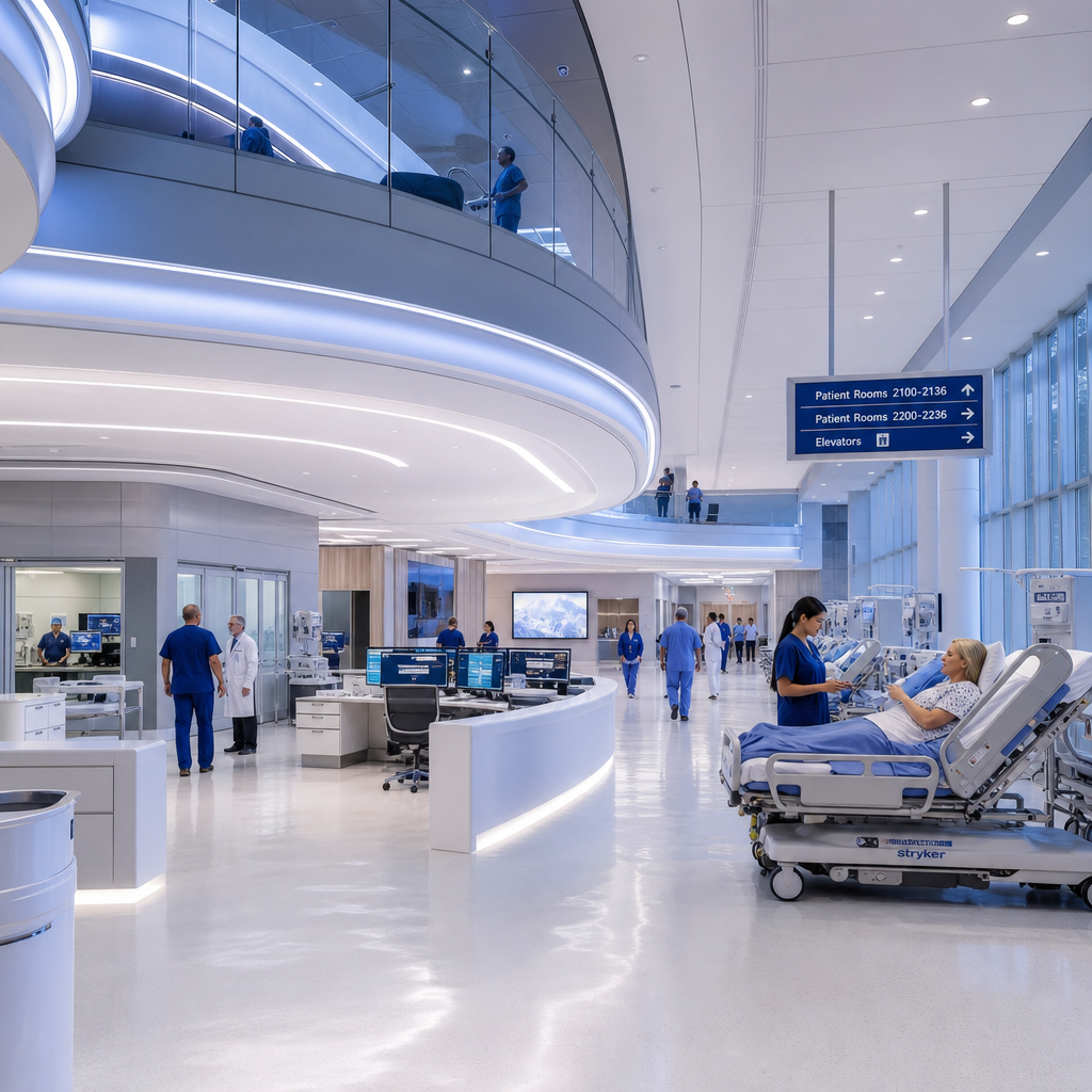 Ambiente hospitalar moderno com infraestrutura de alta tecnologia