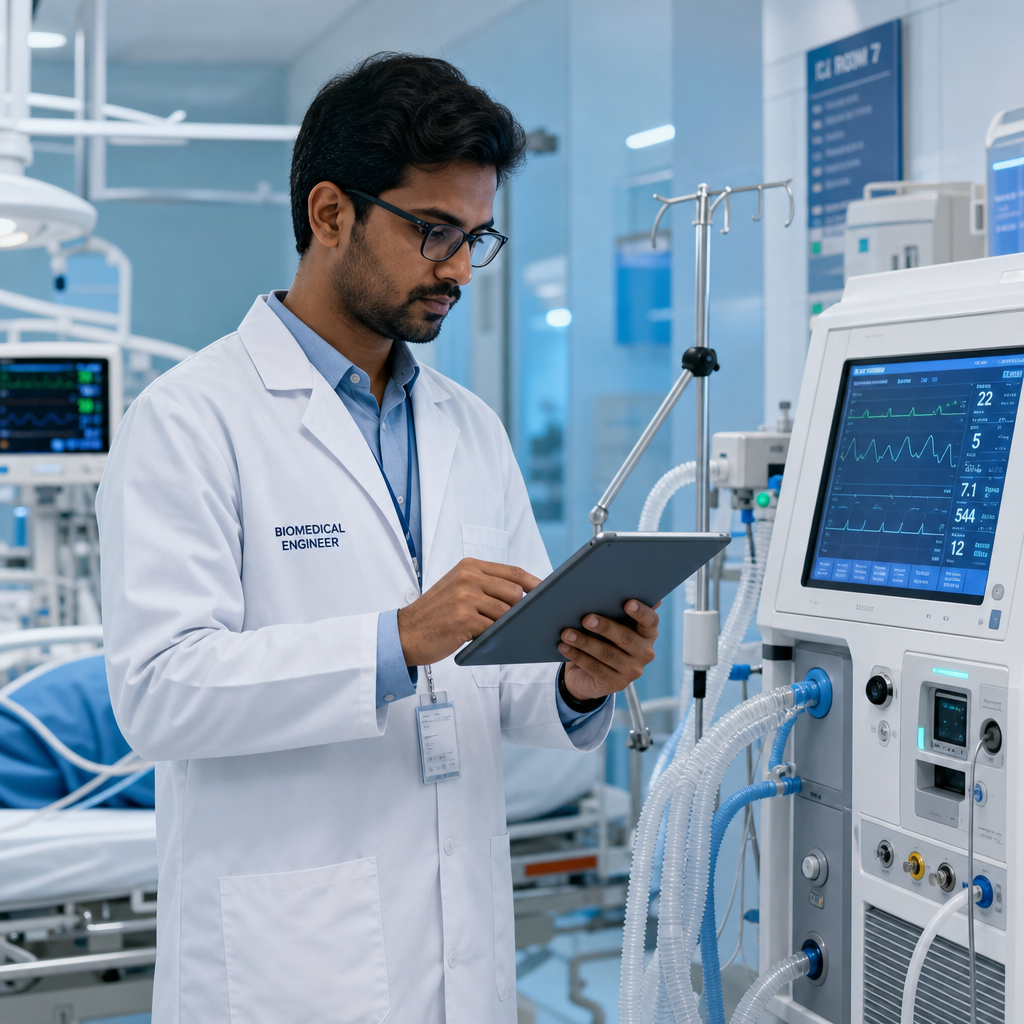 Tecnico de engenharia clinica inspecionando equipamento hospitalar com tablet
