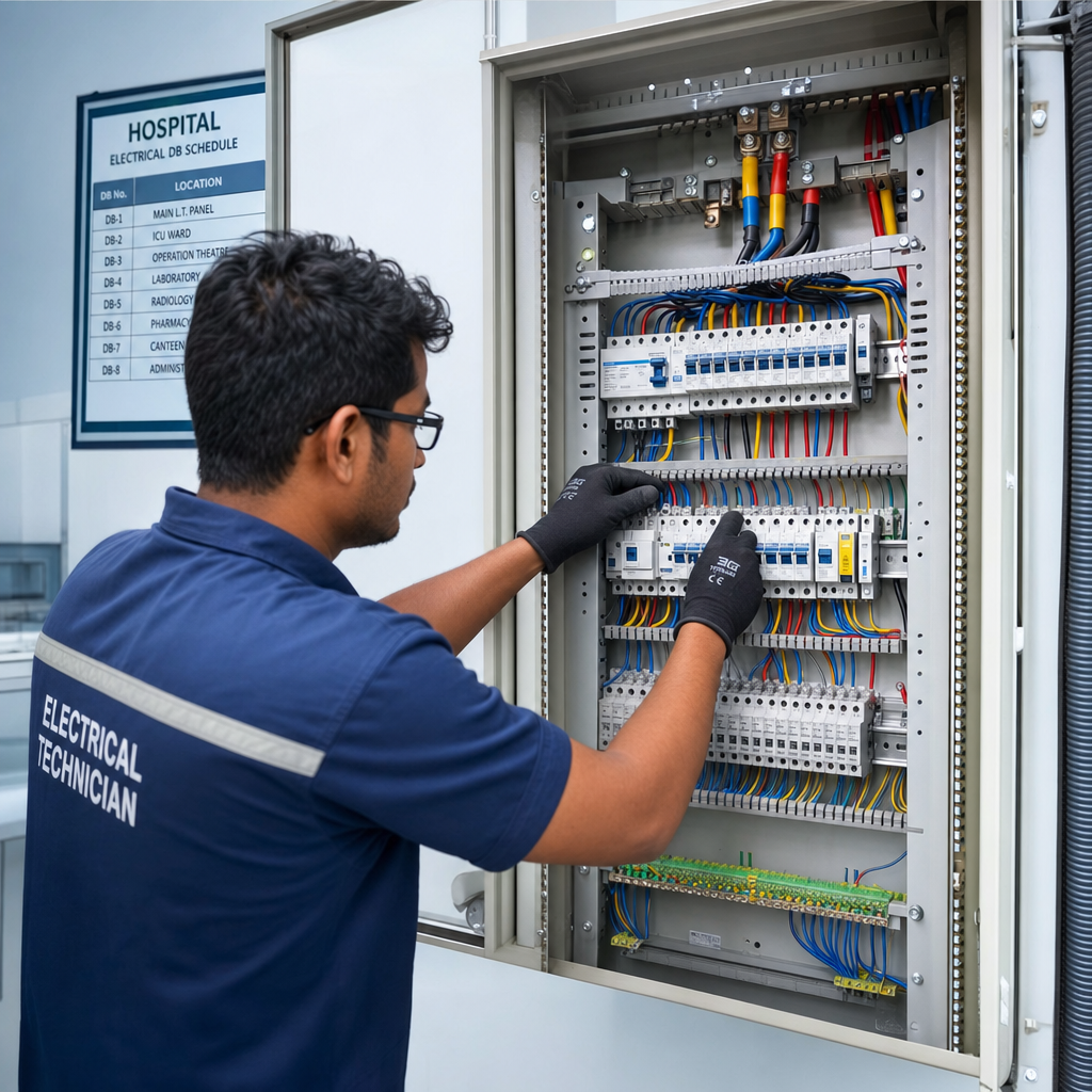 Tecnico montando painel eletrico hospitalar organizado
